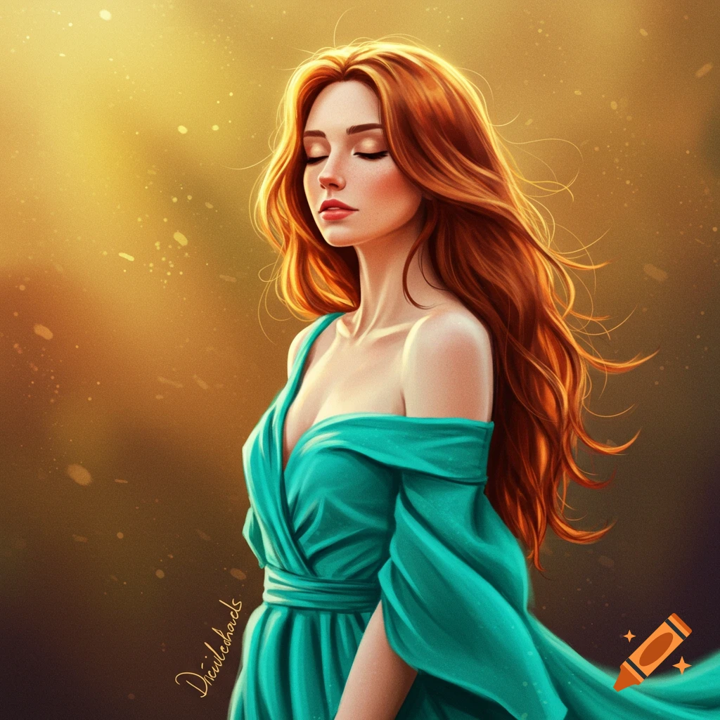 Painterly portrait of a woman with red hair in a teal dress, eyes closed, bathed in golden light.