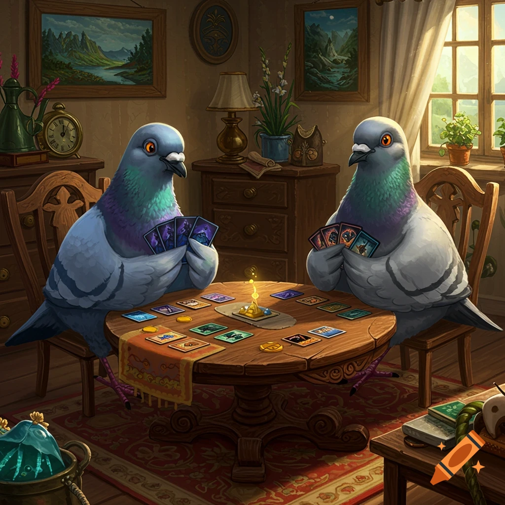 Two detailed pigeons play a serious card game at a wooden table in a cozy living room, surrounded by furniture and paintings.