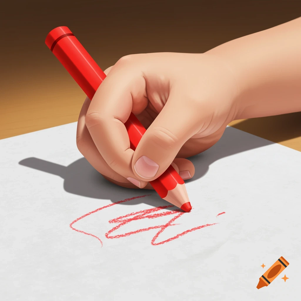 A child's hand draws a red line on white paper with a red pencil, 3D illustration.