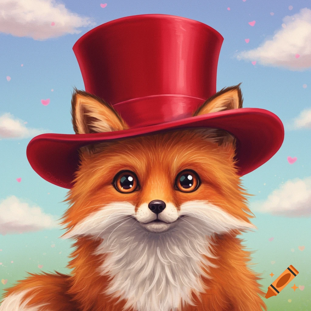 A cute fox wearing a red top hat.