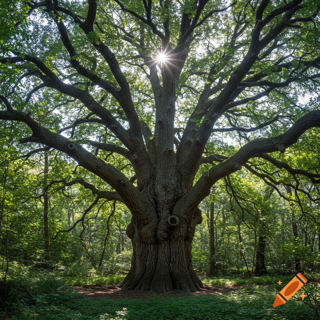 A large, ancient tree with wide branches stands in a sunny forest.
