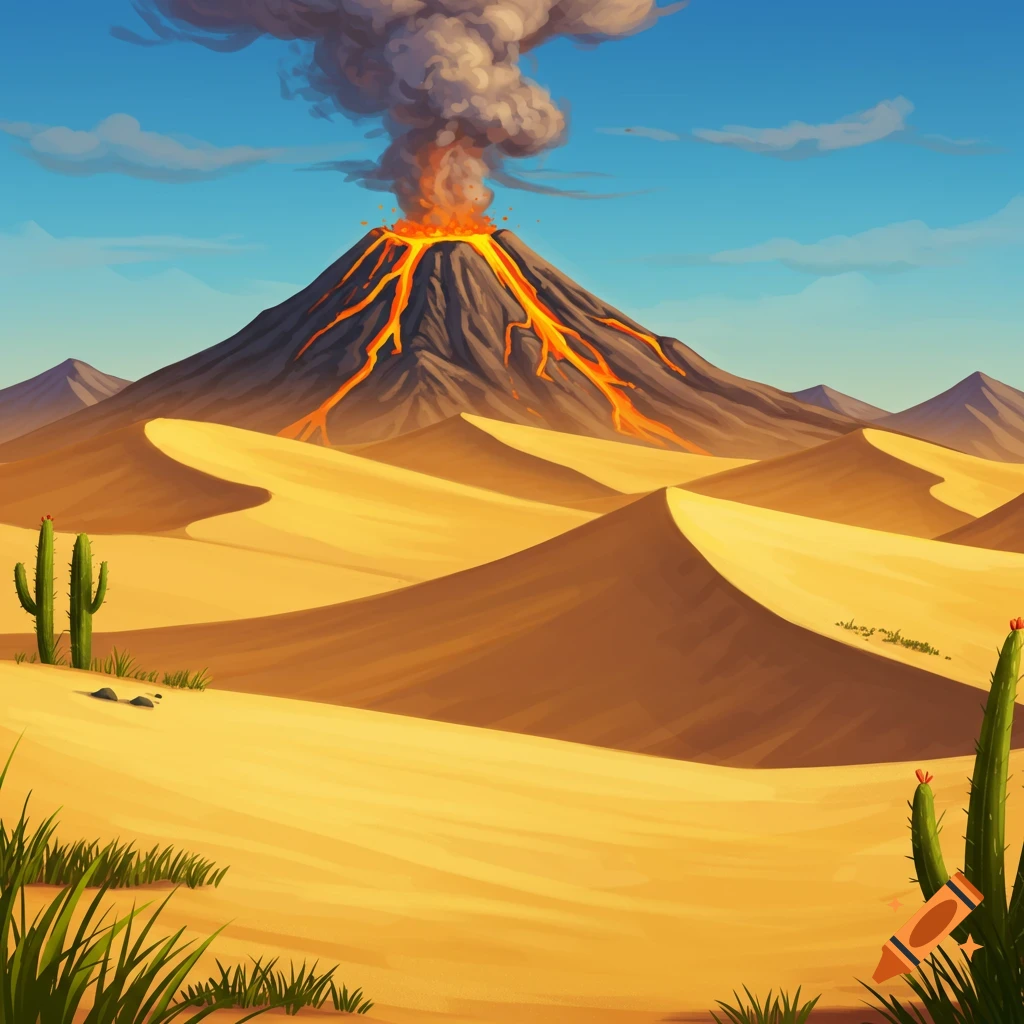 Stylized illustration of an erupting volcano in a desert landscape with sand dunes and cacti.