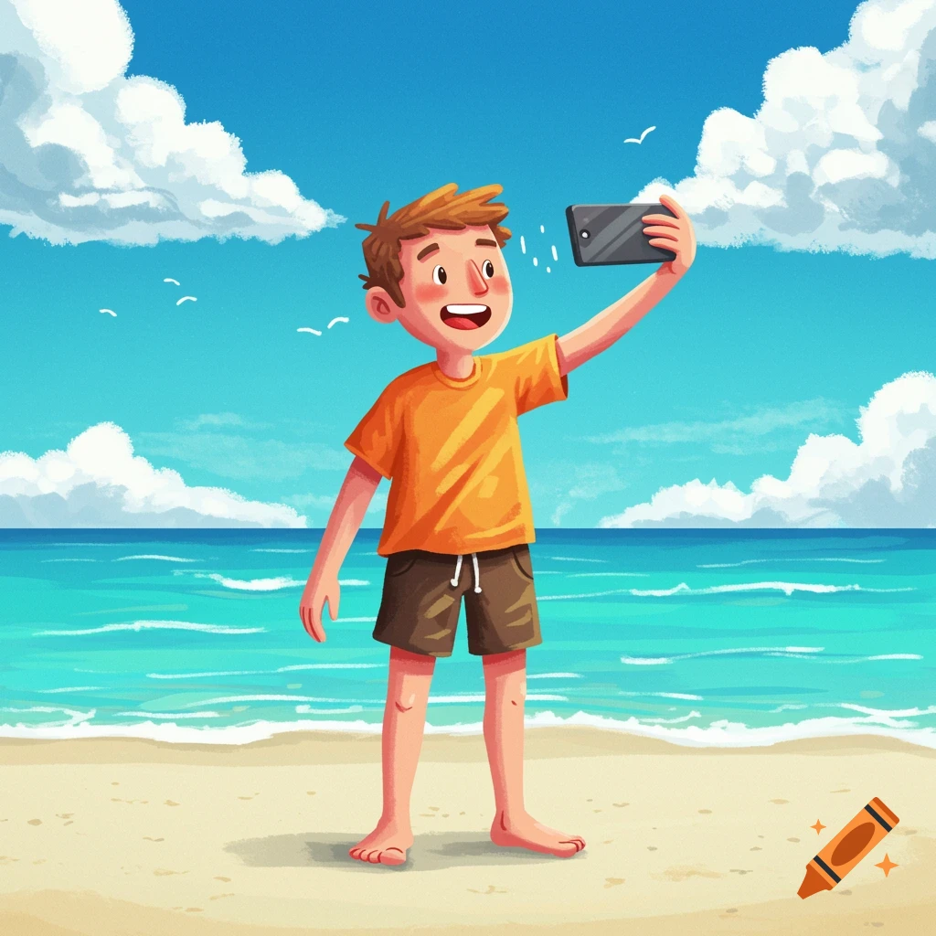 Cartoon illustration of a boy taking a selfie on a sandy beach by the ocean under a sunny sky.