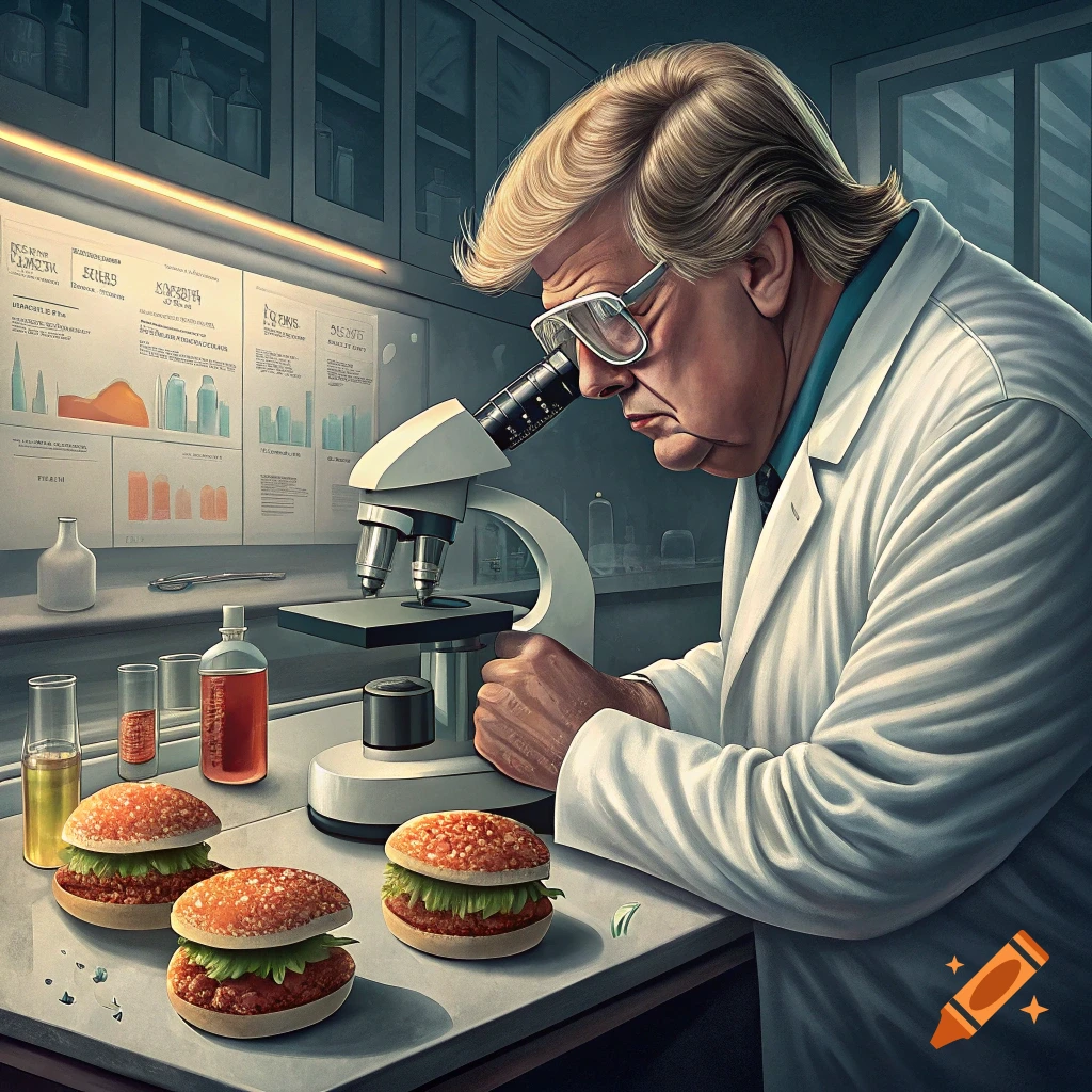 Caricature of Donald Trump as a scientist in a lab coat looking through a microscope, with hamburgers on the counter.