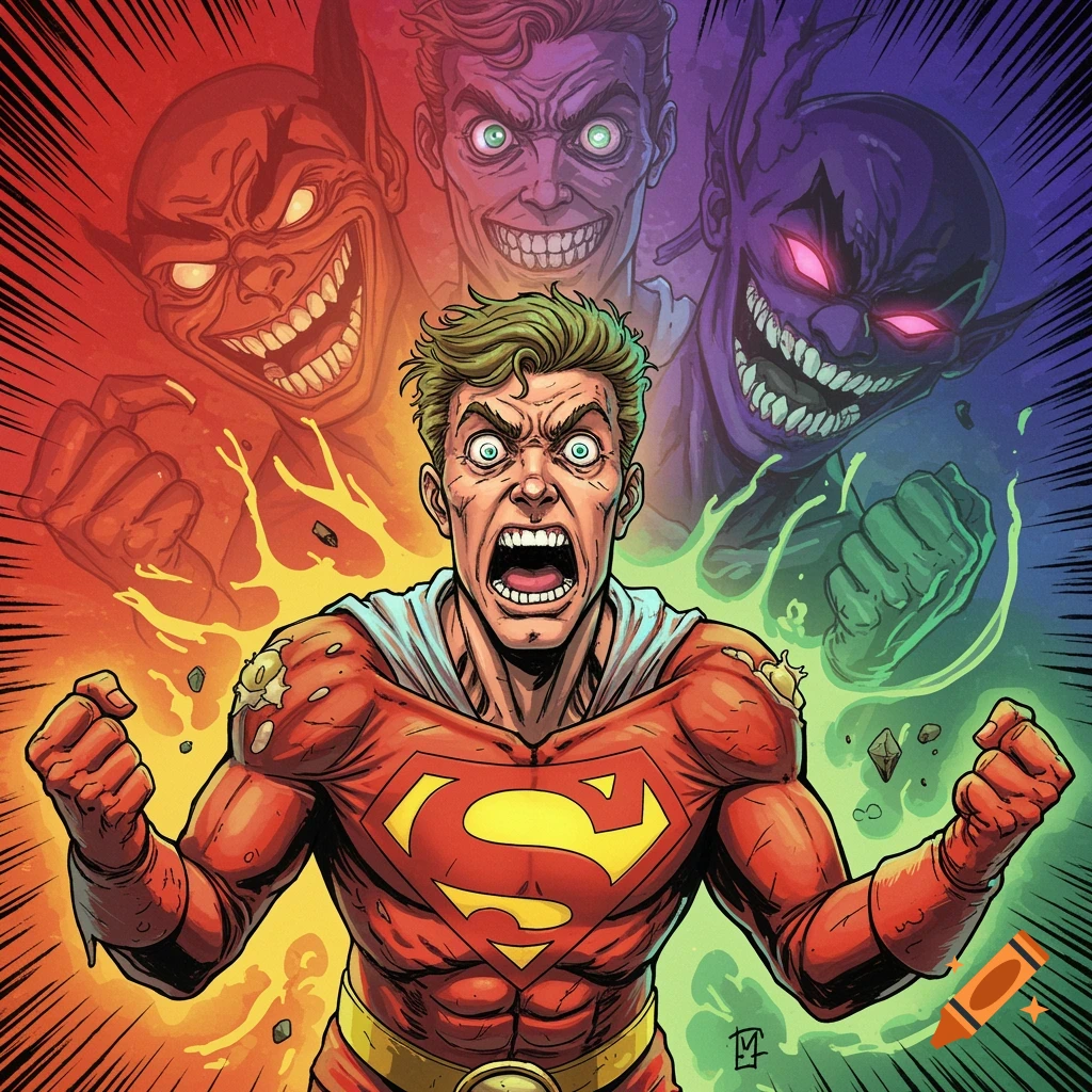 Comic illustration of a screaming man in a superhero suit with an S symbol, surrounded by energy, with three distorted evil faces behind him.