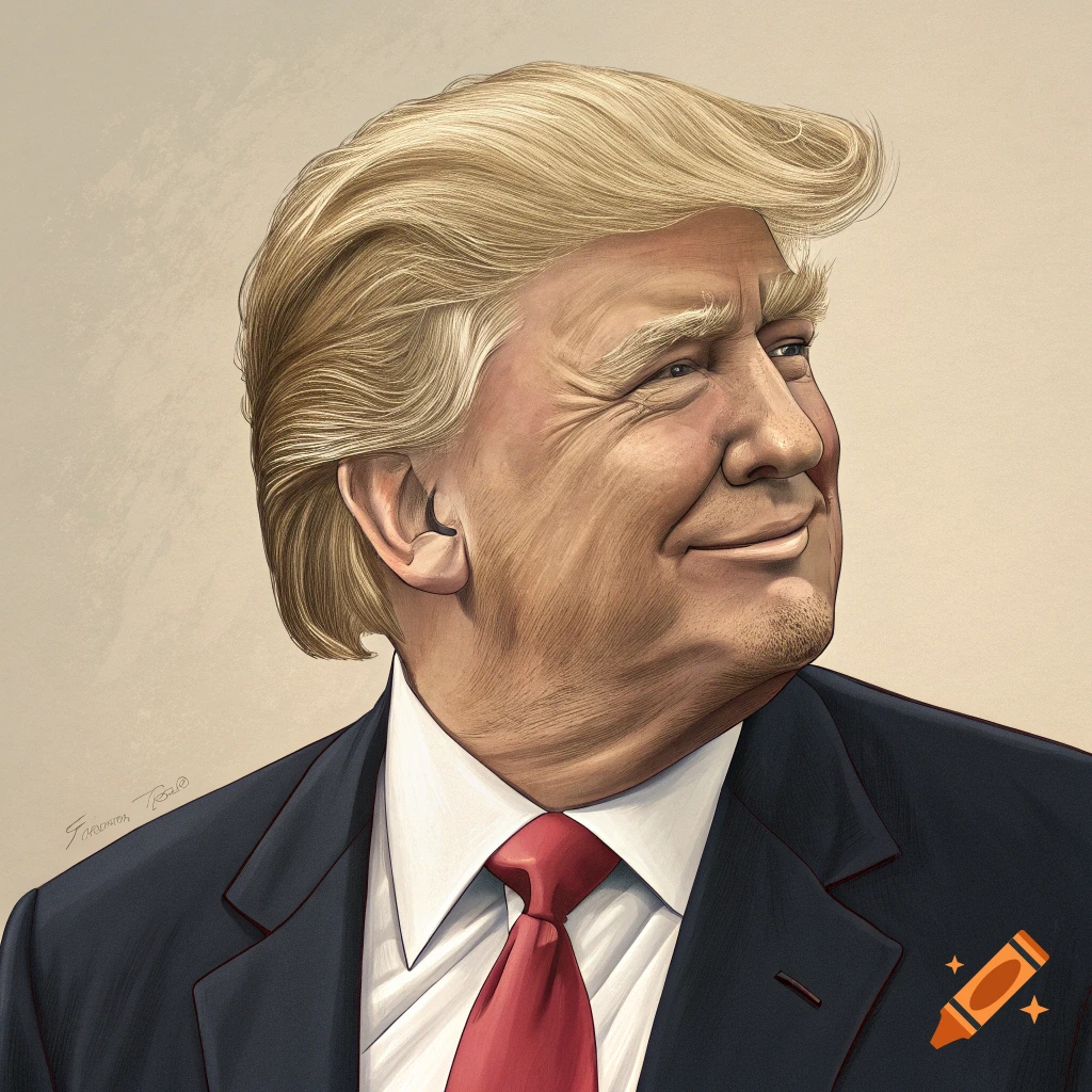 Stylized portrait of Donald Trump wearing a suit and red tie.