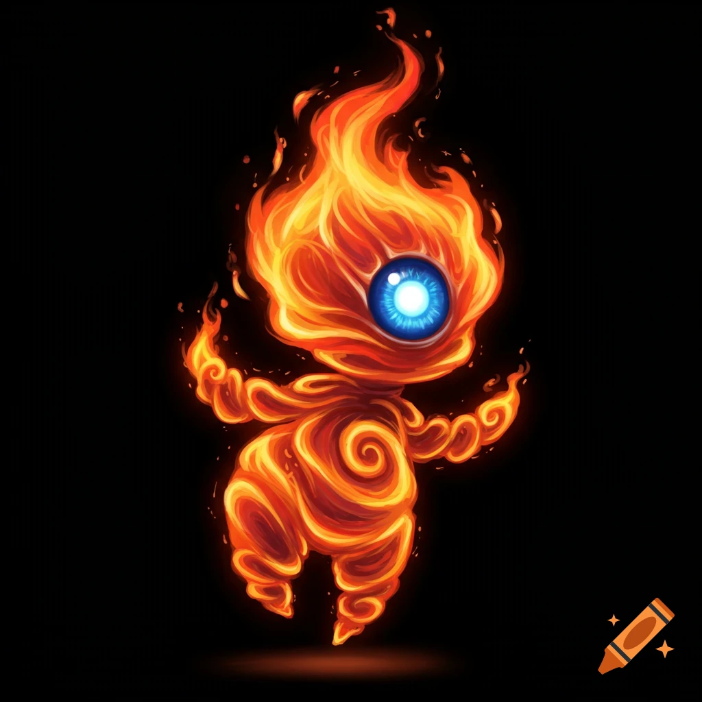 A small, stylized fire creature with a single large blue eye glows against a black background.