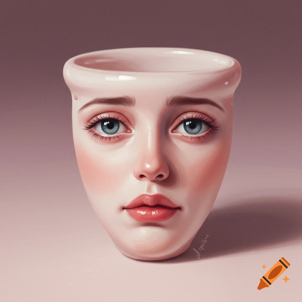 A surreal image of a woman's face forming the shape of a cup or vase.