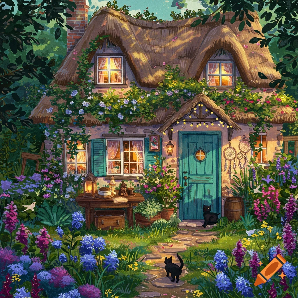 An illustration of a charming thatched cottage covered in flowers and vines, with black cats in a lush garden path.