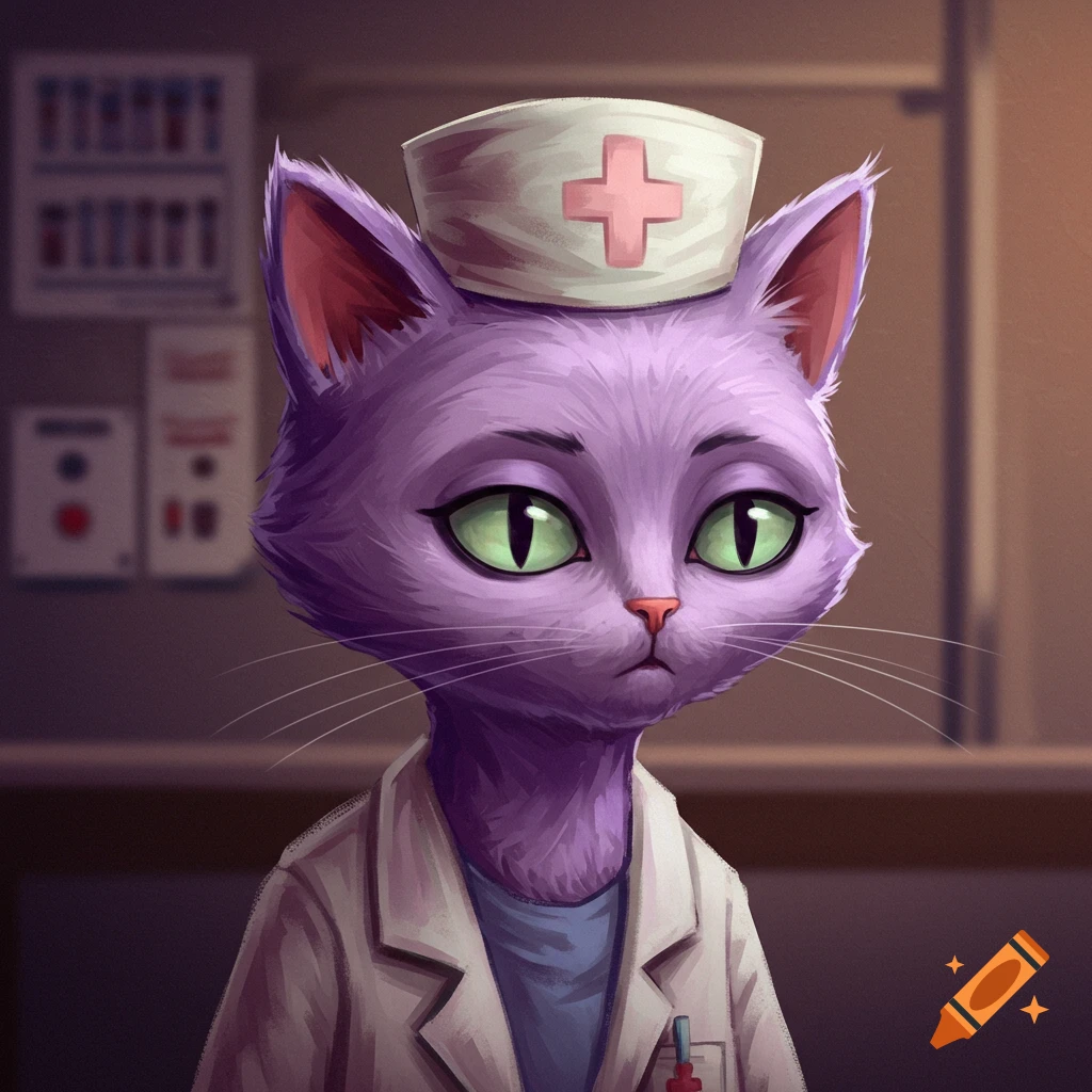 A stylized purple cat dressed as a nurse stands in a medical room.