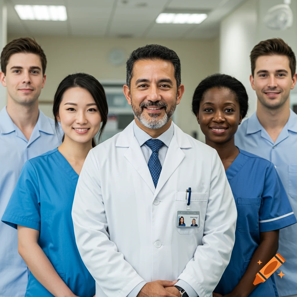 A diverse group of doctors and nurses stand smiling in a hospital hallway.