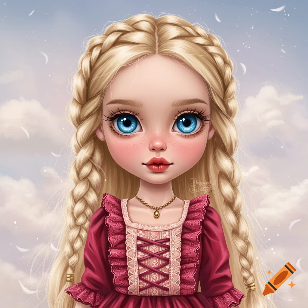 Digital art portrait of a doll-like girl with blonde braids, blue eyes, and a pink dress.