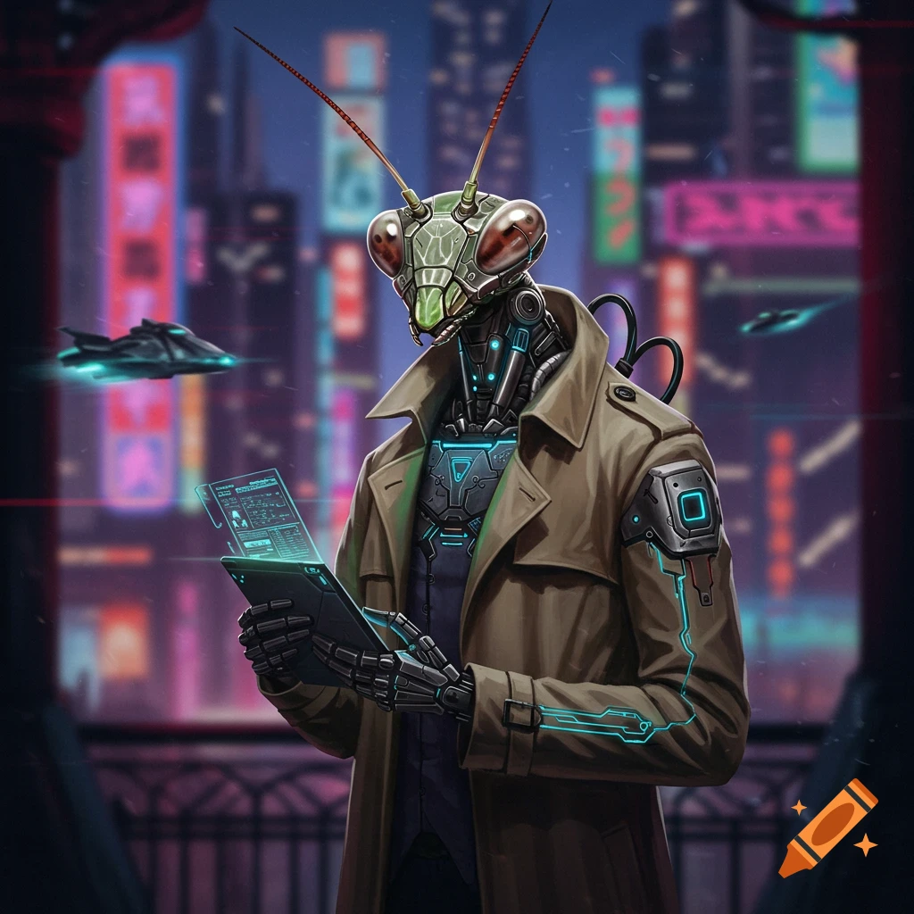 Cyborg praying mantis detective holding a tablet in a futuristic city at night, digital art.