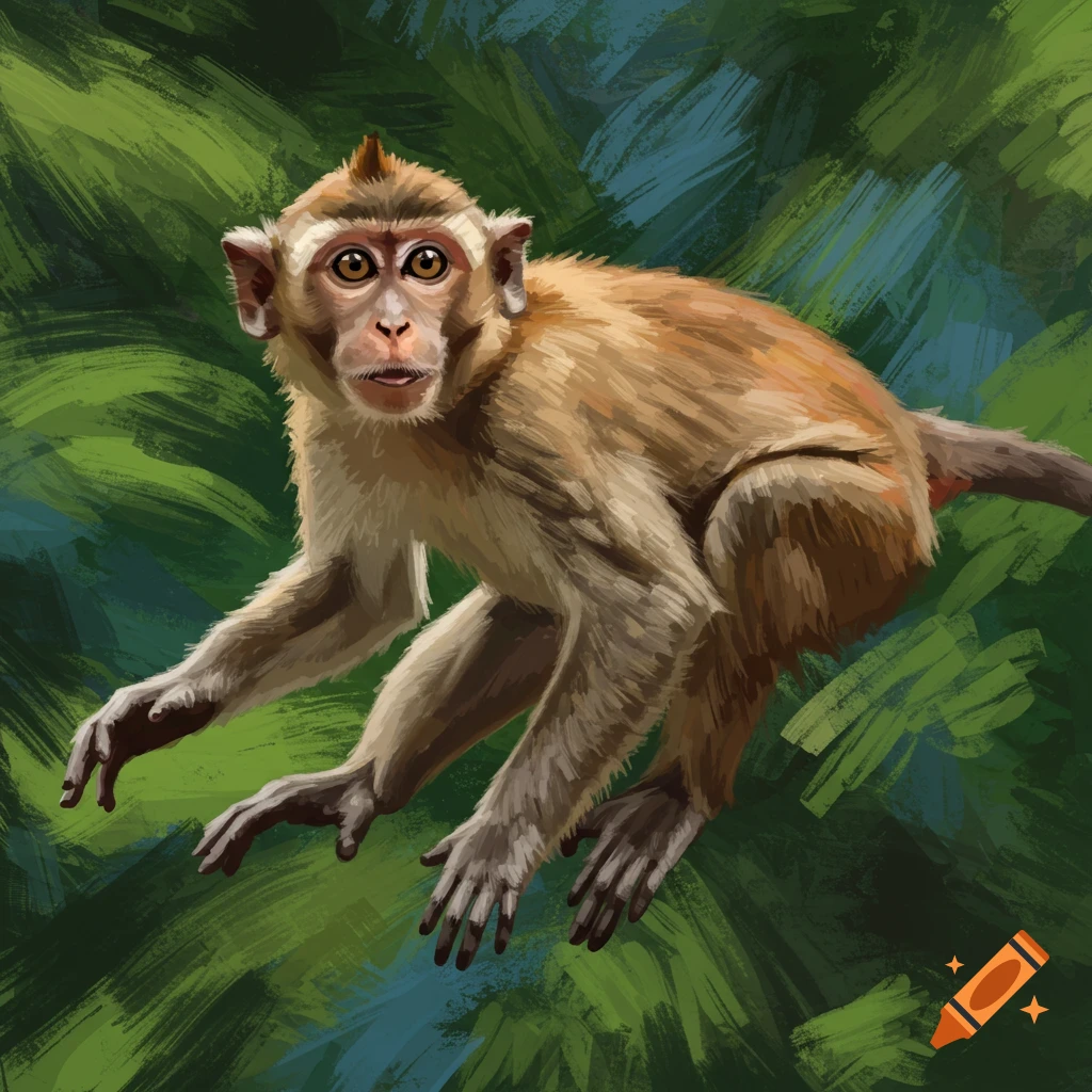 A monkey sits in a lush jungle setting.