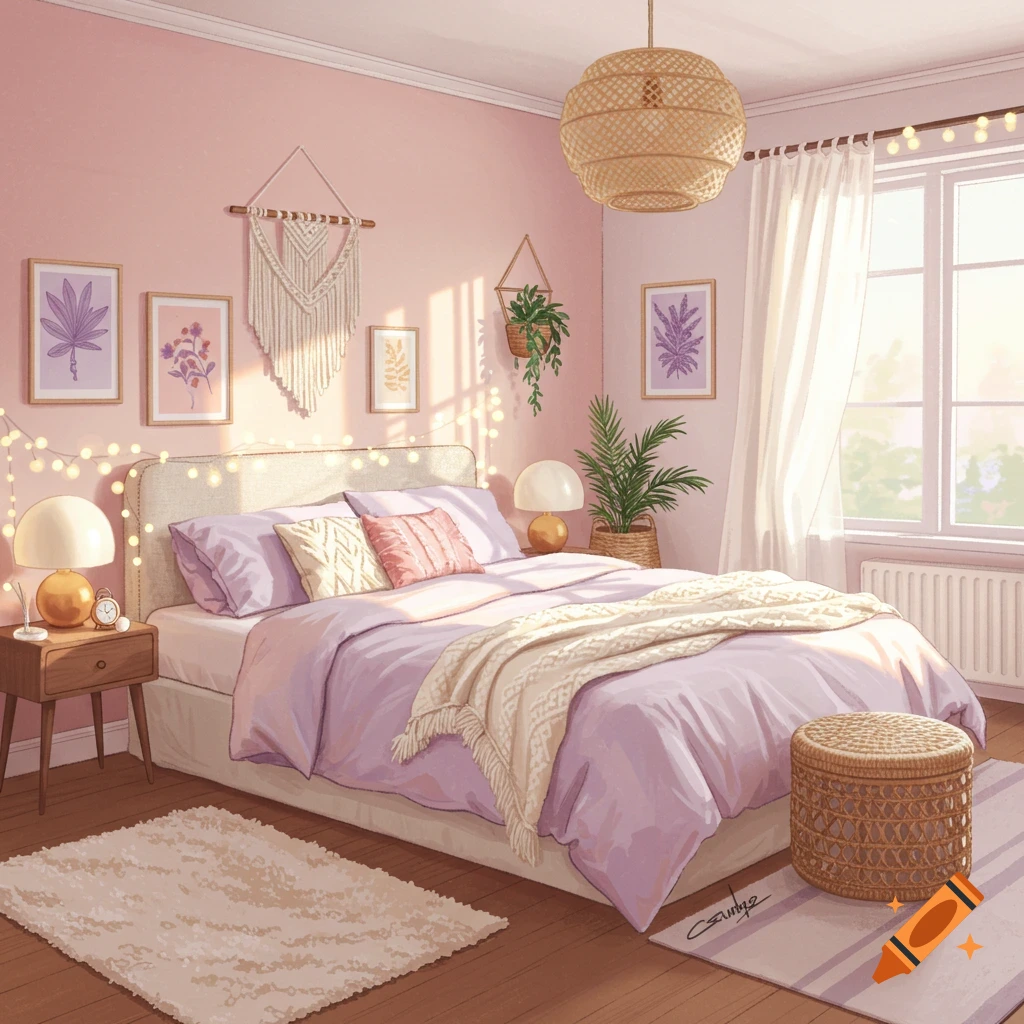 Illustrative pastel boho bedroom with purple bed, plants, string lights, and macrame decor.