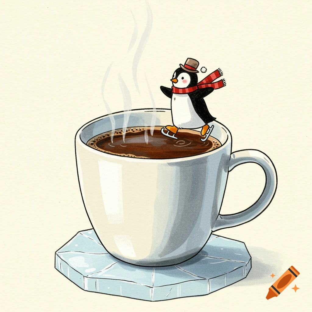 Cartoon penguin ice skating on a steaming cup of coffee on an ice coaster, drawn style.