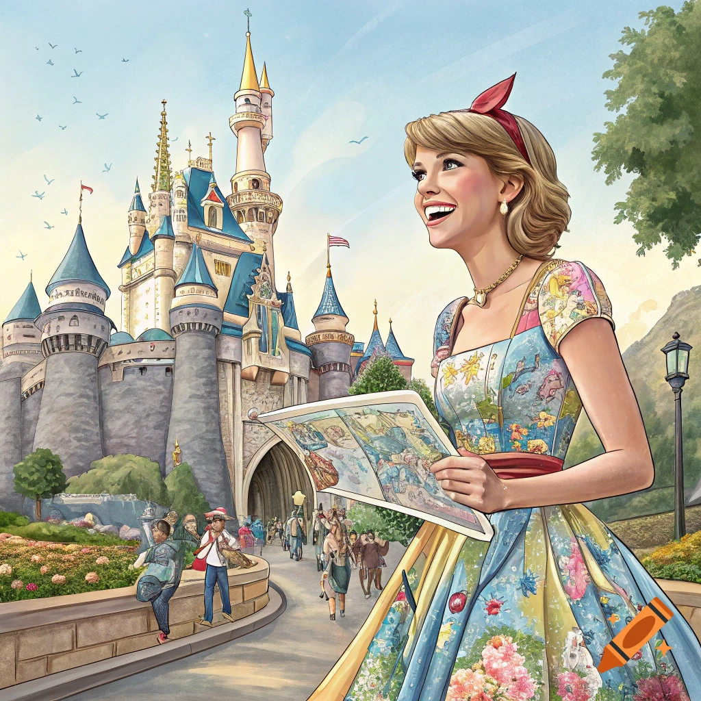 Illustration of a woman resembling Taylor Swift holding a map in front of a Disneyland castle.