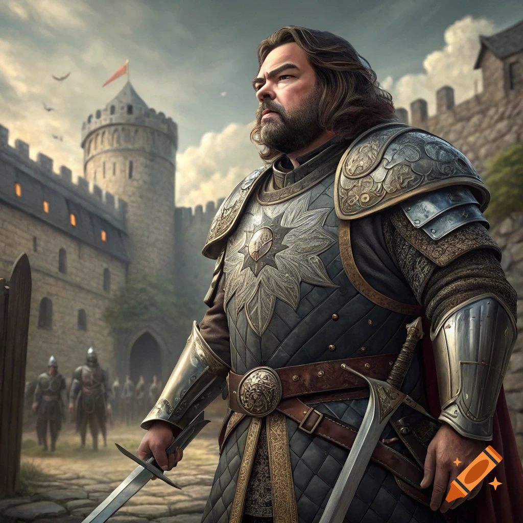 A man in intricate medieval armor holds a sword in front of a castle.