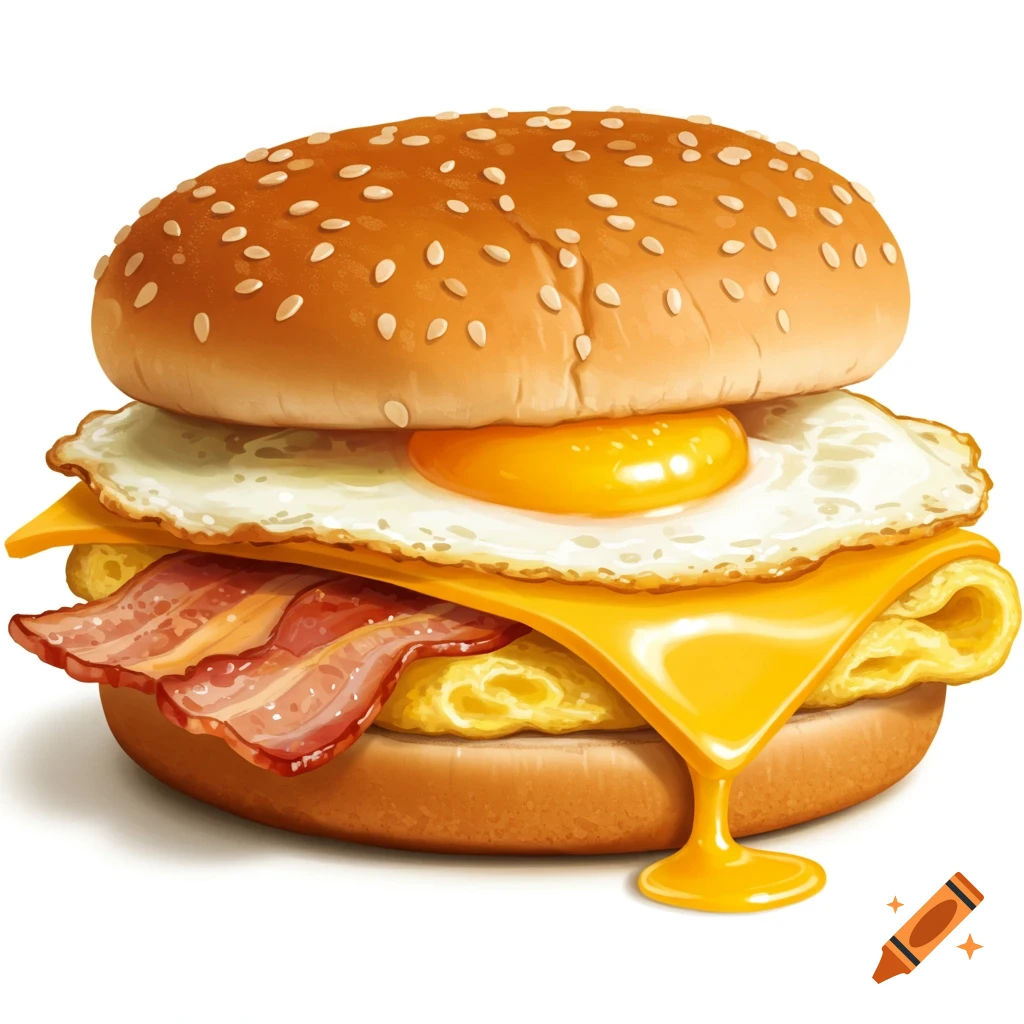 Illustration of a breakfast sandwich with egg, bacon, and melting cheese on a bun.