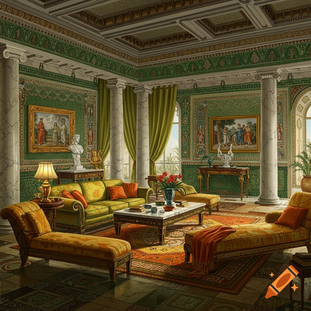 Ornate Roman-style living room with green and gold walls, marble columns, patterned rug, luxurious furniture, and paintings.