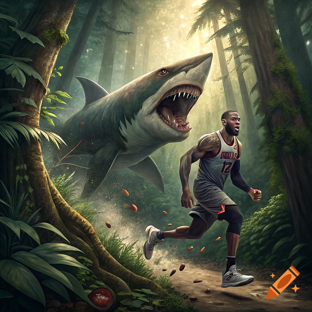 A basketball player runs from a large shark in a sunny forest.