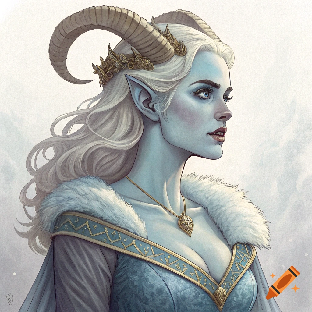 Portrait of a Tiefling noble lady with pale blue skin, large horns, white hair, and a regal blue dress with fur trim.