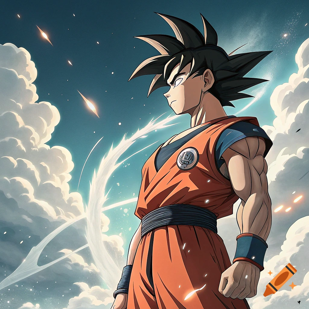 Goku in orange uniform looks away against sky with clouds and energy effects in anime style.
