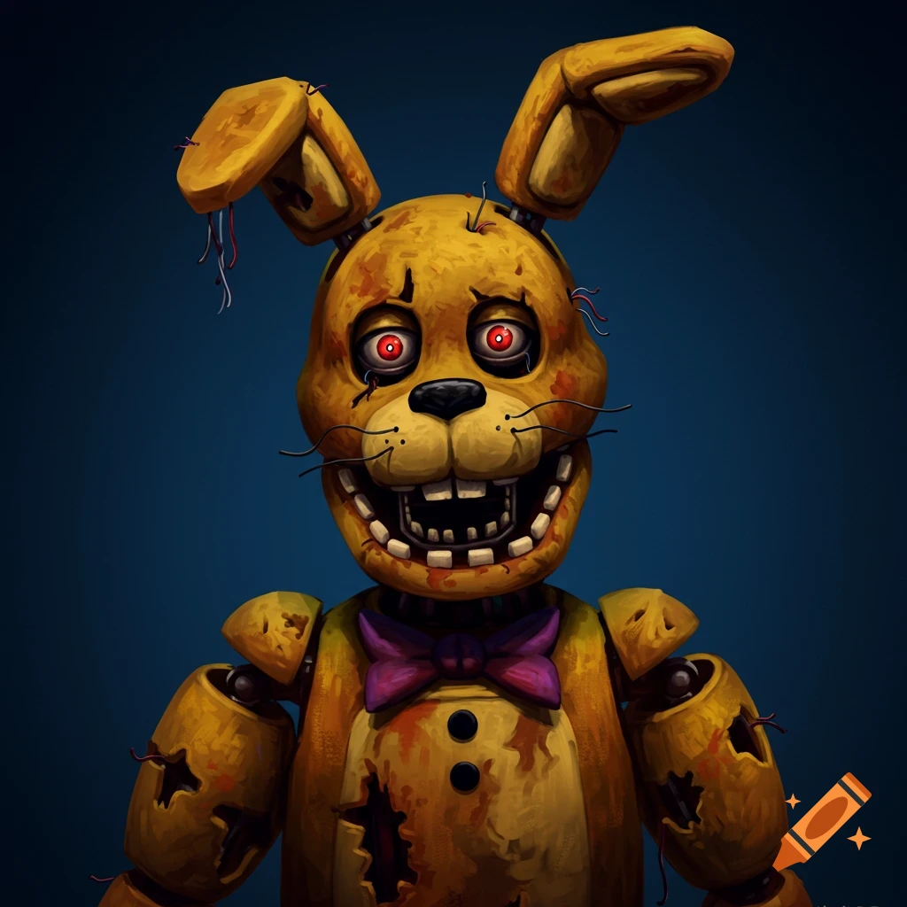 A creepy, damaged yellow animatronic rabbit with red eyes and a purple bow tie.