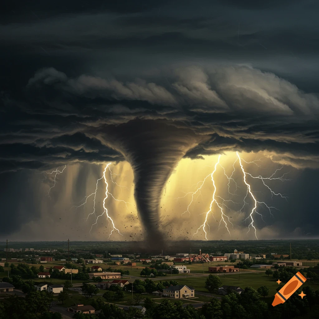 A massive tornado tears through a small town under a dark, stormy sky with lightning.