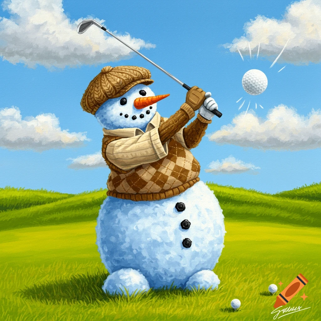 A cartoon snowman in golf attire hitting a golf ball on a course.