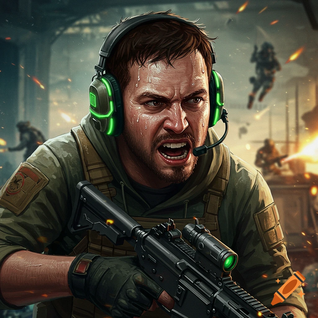 Sweaty man in gaming headset and combat gear holds a rifle with an intense expression in a battle scene.