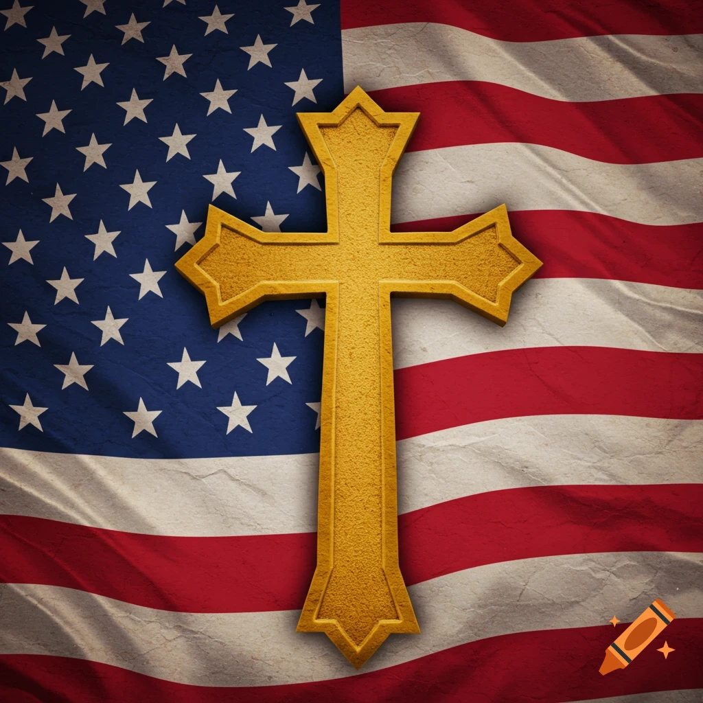 A gold cross is overlaid on a distressed American flag.