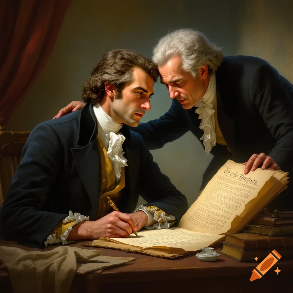 Two men in 18th-century clothing writing on a document at a table.