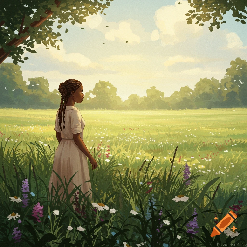 An illustration of a woman in a white dress standing in a field of wildflowers looking towards a bright sky.