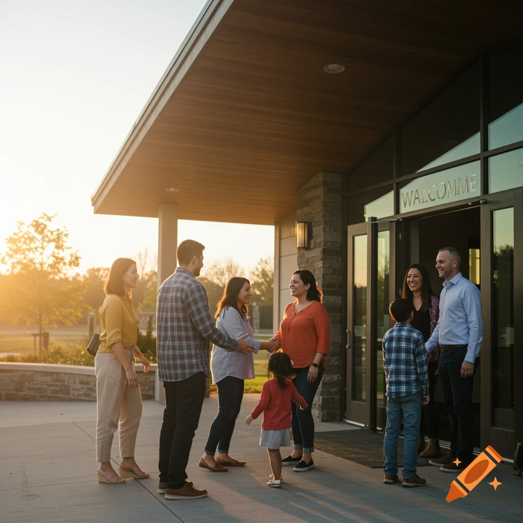 Diverse families greet each other outside a modern church entrance in warm golden sunlight.