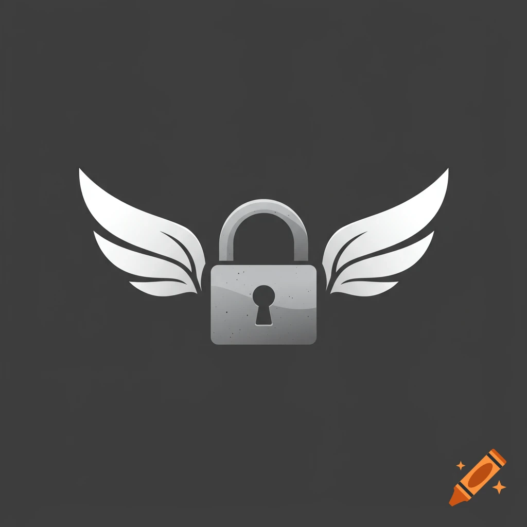A grey lock with white wings on a dark background, in a logo style.