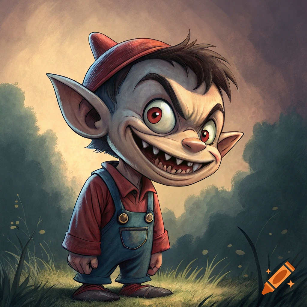 A cartoon character with large ears, big teeth, red eyes, and a mischievous grin wears a red shirt, blue overalls, and a red hat, standing in a field.