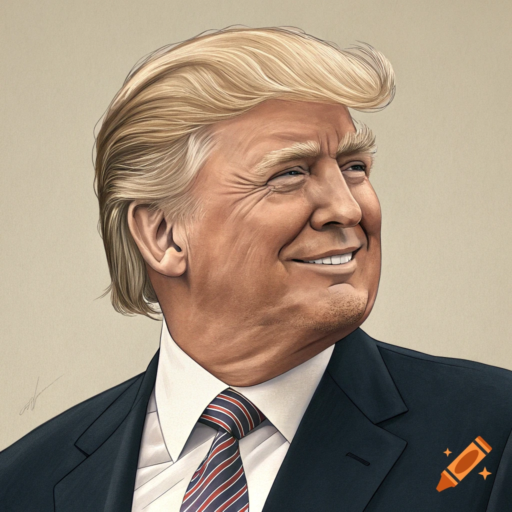 Caricature portrait of Donald Trump smiling and looking right, wearing a suit and tie.