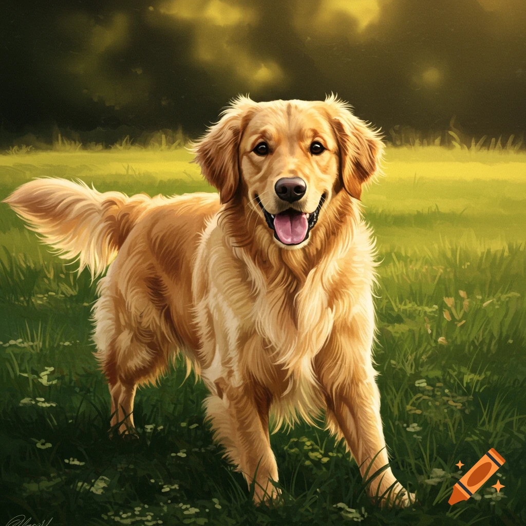 A golden retriever stands in a grassy field.