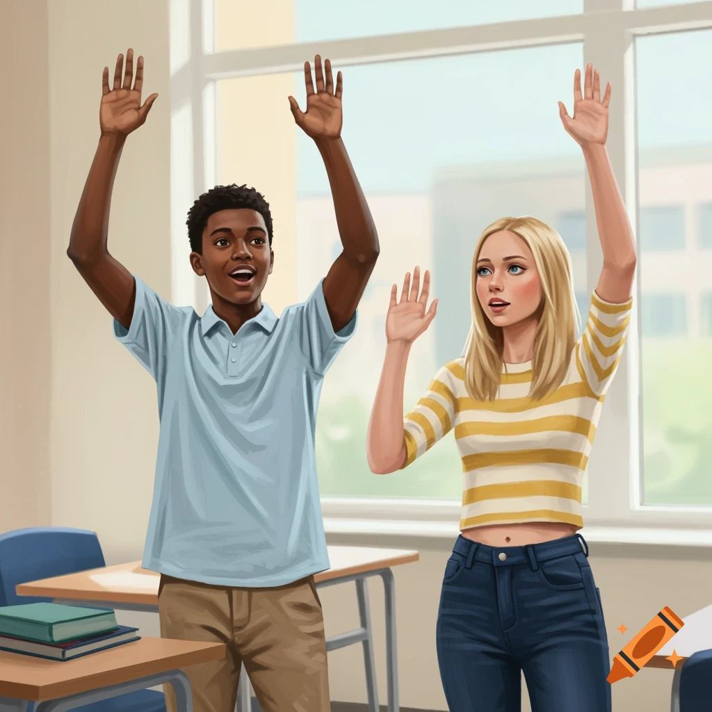 Two students raise their hands in a brightly lit classroom