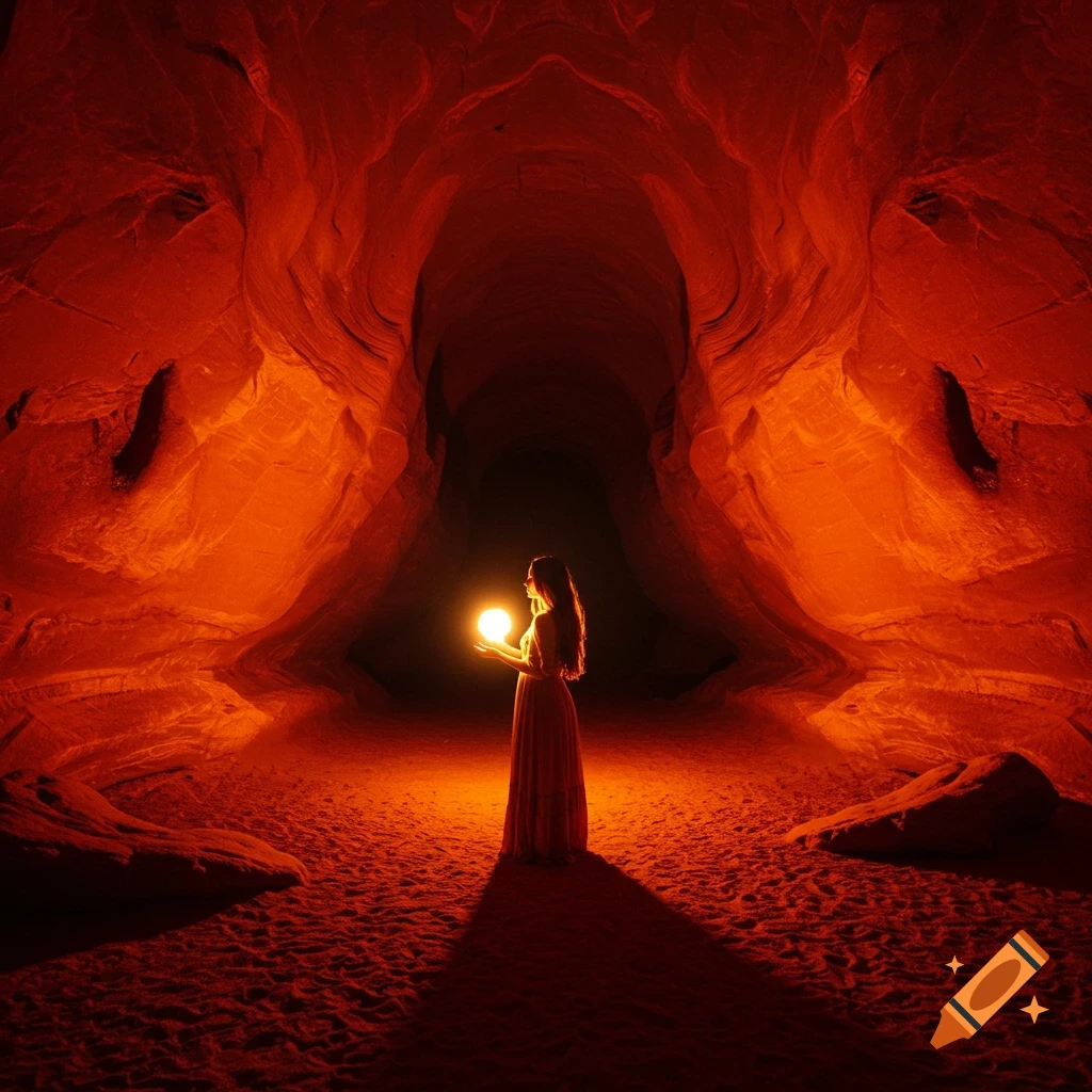 A woman in a dress stands in a large red cave holding a glowing orb.