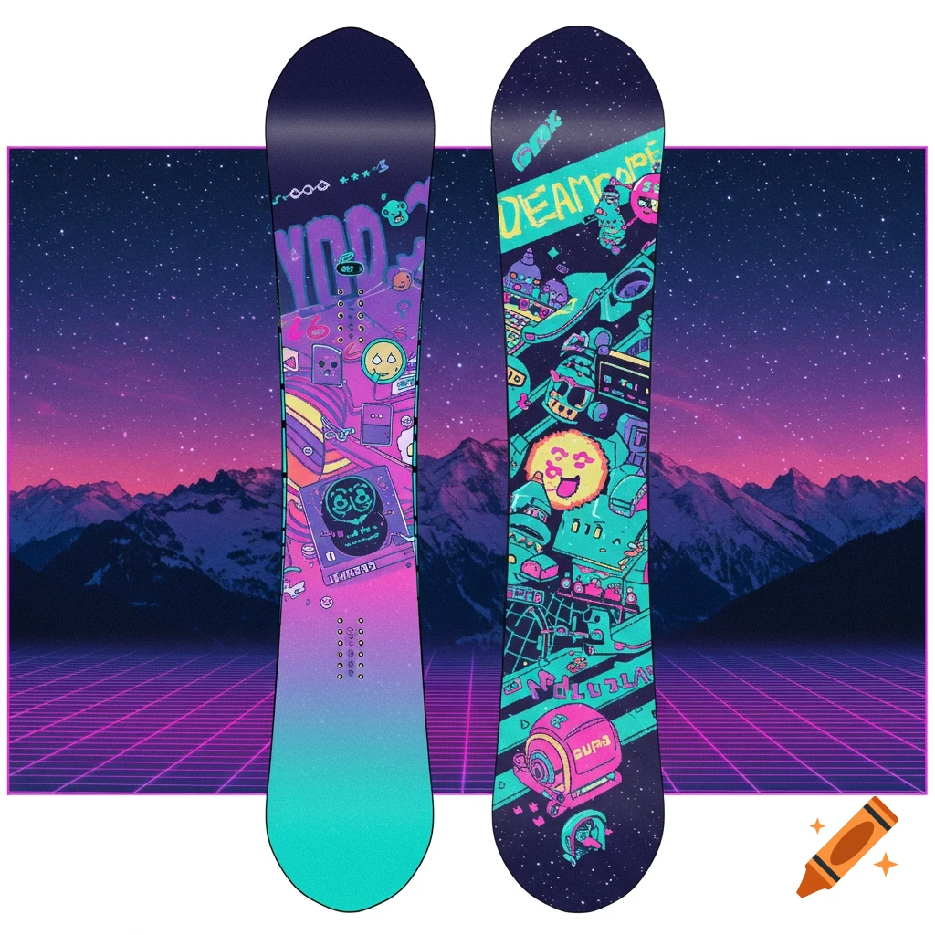 Two snowboards with colorful cartoon designs on a synthwave background.
