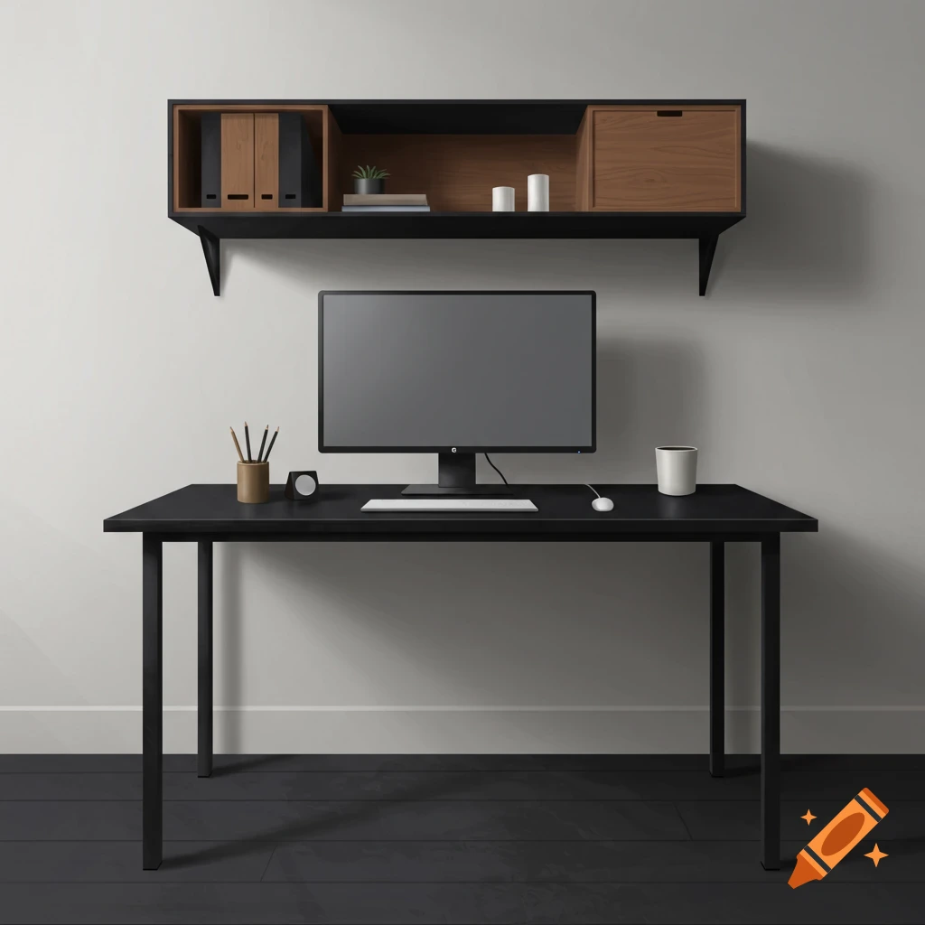 Minimalist black desk with monitor and wall shelf