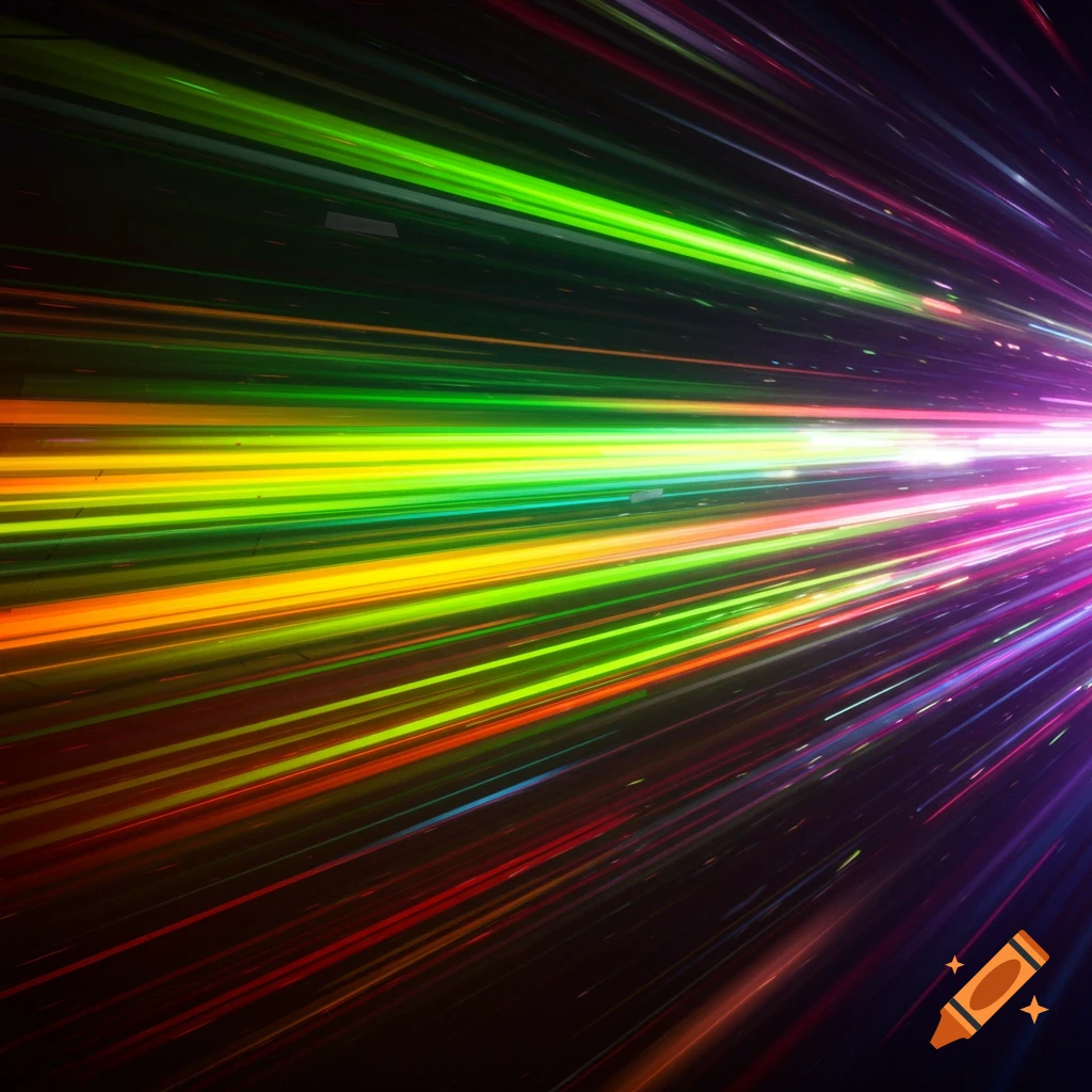 Abstract colorful light trails streak across a dark background, giving a sense of speed.