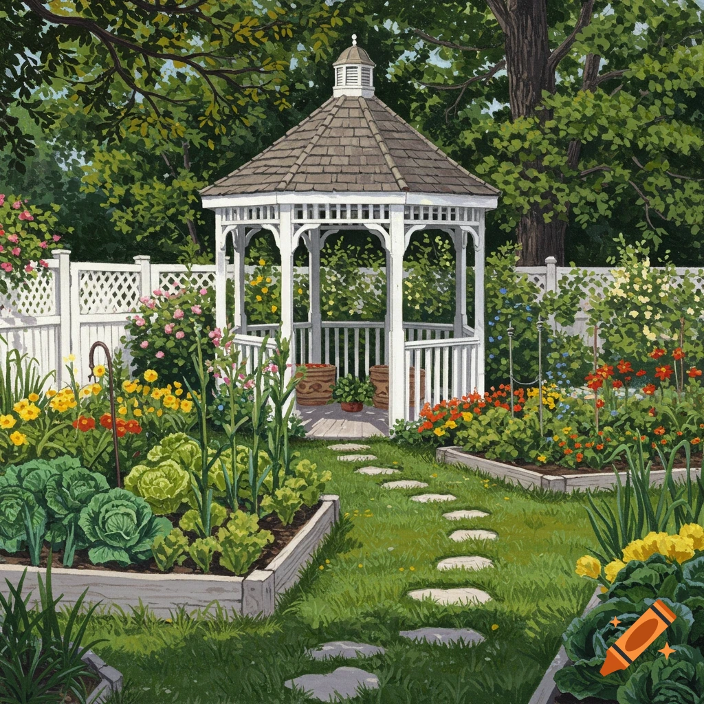 Painting of a lush garden with a white gazebo, raised vegetable beds, flowers, a white fence, and a stone path.