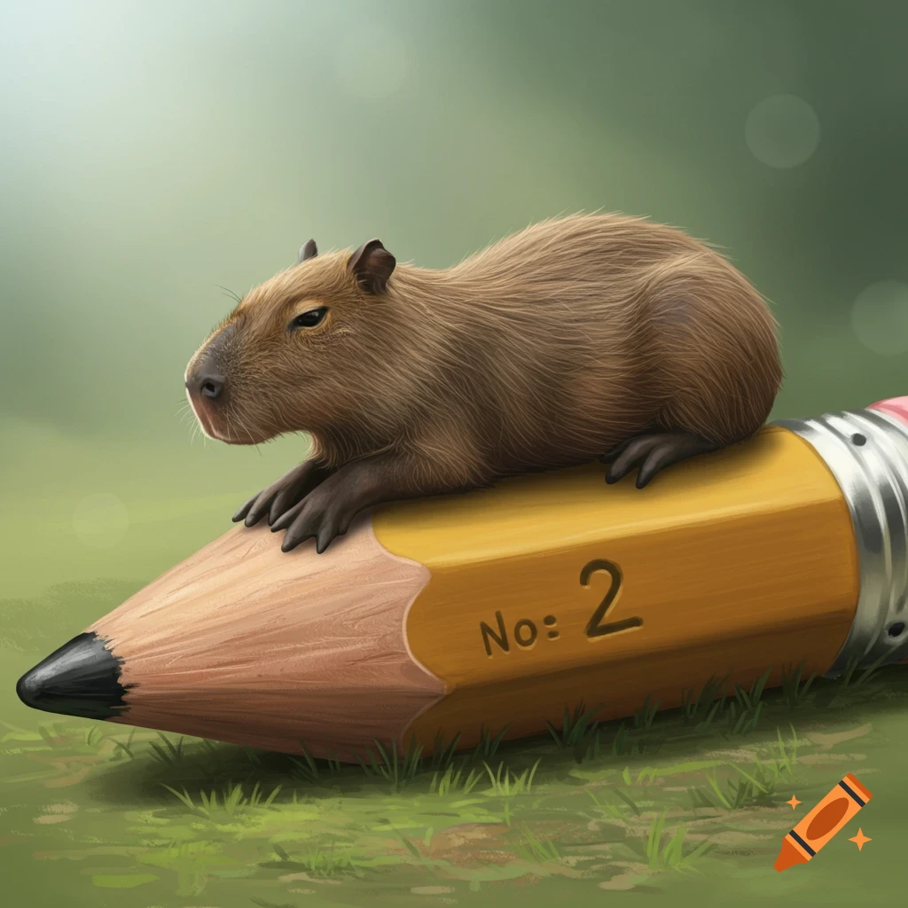An illustration of a capybara lying on a giant pencil on the grass.