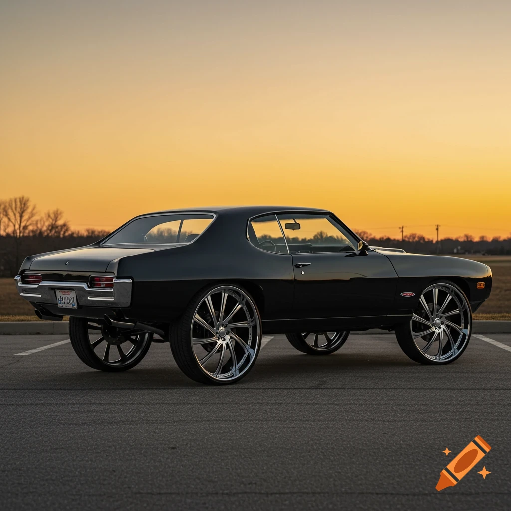 A black classic muscle car with large chrome wheels parked at sunset.