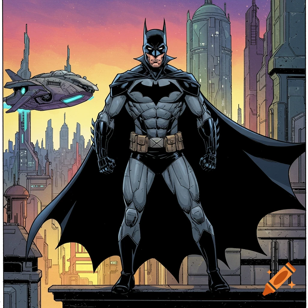 Comic art illustration of a superhero on a rooftop overlooking a futuristic city with a flying vehicle.