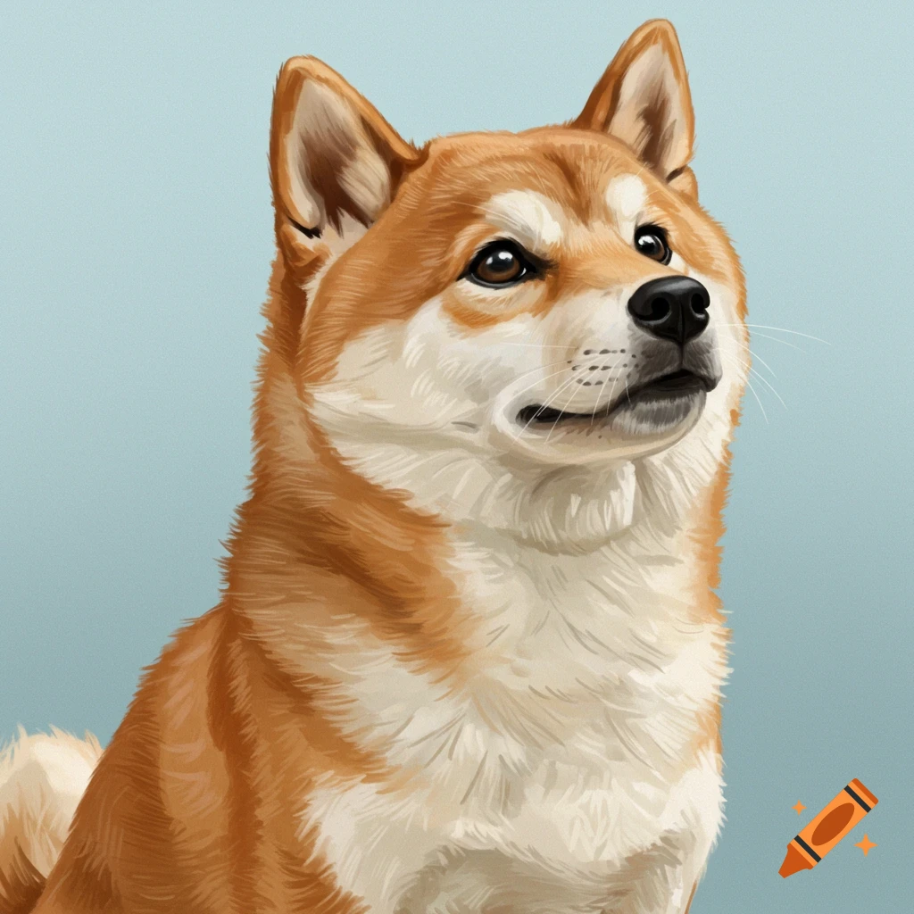 Close-up portrait of a Shiba Inu dog looking up.
