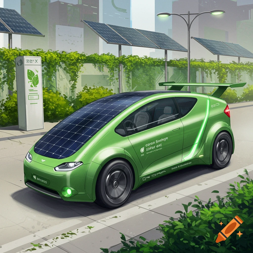 An illustration of a futuristic green solar-powered car parked near solar panels and a charging station in a smart city.